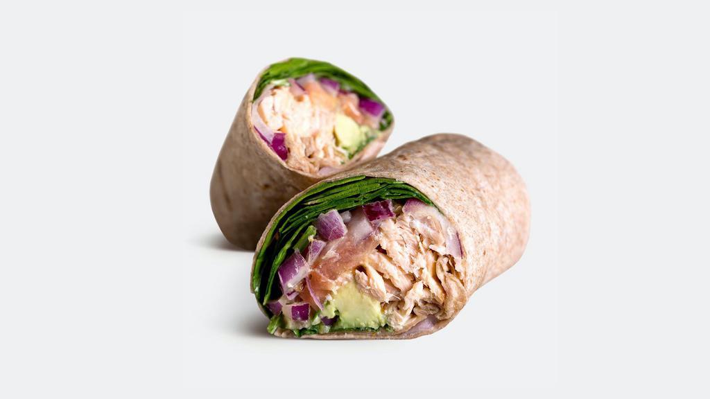Salmon Wrap · Sustainable salmon, spinach, onions, tomatoes, avocado, agave mustard.