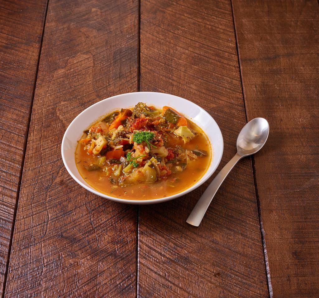 Minestrone Soup · Hearty vegetable soup. Add chicken, shrimp for an additional charge.