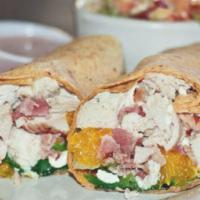 Citrus Chicken Wrap · Grilled chicken with Mandarin oranges, feta cheese, romaine lettuce, bacon, inside our tomat...