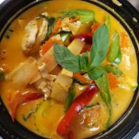 Red Curry · Red curry paste, carrot, bamboo, bell pepper, zucchini, basil and coconut milk.