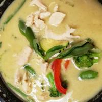 Green Curry · Green curry paste, broccoli, zucchini, snap peas, bell pepper, basil, and coconut milk.