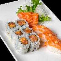 Spicy Salmon Combo · 3 pieces of sushi, 3 pieces of sashimi and spicy salmon maki. Also come with miso soup and s...