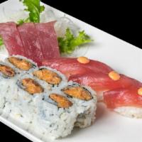 Spicy Tuna Combo · 3 pieces of sushi, 3 pieces of sashimi and spicy tuna maki.
Also come with miso soup and sal...
