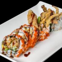 Spider Maki · Soft shell crab, avocado, cucumber and tobiko with spicy mayo and eel sauce.