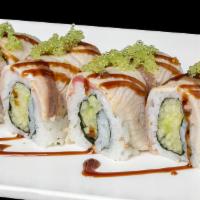 Yamato Maki · Cucumber roll with torched yellowtail and wasabi tobiko on the top with eel sauce.