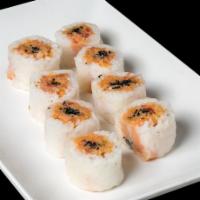 Summer Maki · Black tobiko, spicy tuna, and tempura crumbs with Vietnamese rice paper.