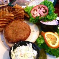 Crab Cake Sandwich Dinner · Our delicious homemade crab cake served on a kaiser roll with a cranberry tartar sauce.