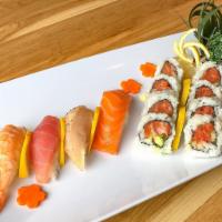 Sushi Combo · 1 piece of: salmon, tuna, albacore, and ebi nigiri sushis with 4 pcs of spicy tuna roll and ...