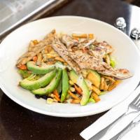 Grilled Chicken Avocado Salad · Mixed greens, avocado, black beans, corn, carrots, cilantro, honey lime dressing and topped ...