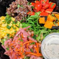 Mestizo House Salad (GF/V) · Romaine lettuce, arugula, quinoa, yam, corn, tomato, cilantro and pikliz with your choice of...