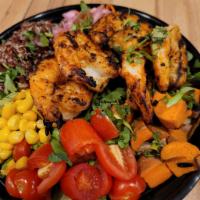 Mestizo Salad Bowl (GF) · Your choice of protein, romaine, arugula, quinoa, yams, corn, tomatoes, pikliz, cilantro, li...