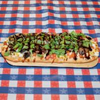 Arugula Pizza · A personal size pizza topped with ricotta cheese, tomatoes, mushrooms, arugula, mozzarella c...