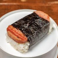 Spam Musubi  · Hawaiian classic spam musubi wrapped in seaweed with rice and furiake
