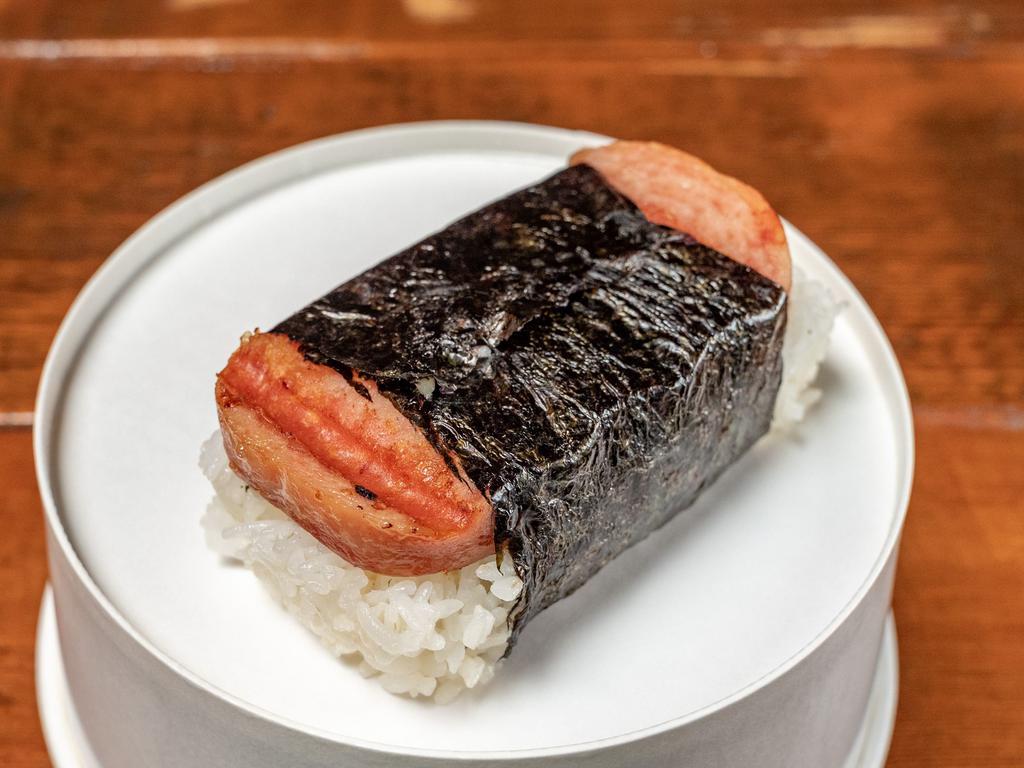Spam Musubi  · Hawaiian classic spam musubi wrapped in seaweed with rice and furiake