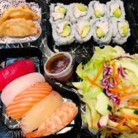 Sushi&Roll Bento Box · Chef choice Sushi (5pc)
California roll or Spicy tuna roll (8pc)
Gyoza (2pc)
Salad