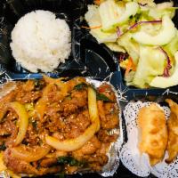 Spicy Pork bento box · spicy pork with rice,miso soup,salad,gyoza(2pc)
