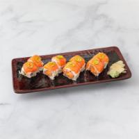 Richmond Roll · Spicy salmon crunch inside, topped with fresh salmon jalapeno. 