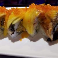 Mango Dragon Roll · In: shrimp tempura, cucumber and mango. Out: eel, mango, tobiko and mango sauce.