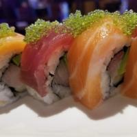 Julia Roll · In: hamachi, avocado and cucumber. Out: tuna, salmon and wasabi tobiko.