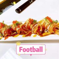 4 Piece Football  · Seared sliced salmon wrapped in spicy krabmeat, fish egg, green onions and crunch, topped wi...