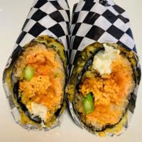 Dynamite Burrito · Fried. Spicy salmon, spicy krab, asparagus, cream cheese, tempura flakes with spicy mayo and...