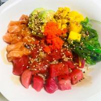 Tokyo Poke Bowl · Tuna, salmon, avocado, mango, seaweed salad, fish egg, sweet sake-bonito with wasabi Japanes...