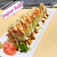 Jaguar Roll · Shrimp tempura, eel, cucumber, wrapped in soy paper, topped with spicy krabmeat, wasabi mayo...
