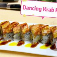 Dancing Krab Roll · Shrimp tempura, cucumber, cream cheese topped with krabmeat tempura, eel sauce, mango sauce.