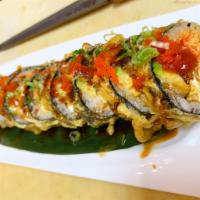 Dinosaur Roll · Fried. Spicy krab, avocado, cucumber, cream cheese, topped with eel sauce, sweet chili sauce...
