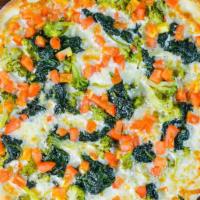 Veggie Pizza · White pizza topped with broccoli, spinach and tomato.