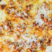 BBQ Chicken Pizza · BBQ sauce, grilled chicken, smoked mozzarella and mozzarella topped with thin diced red onio...
