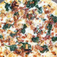 Chicken Bacon Ranch · White pizza topped with spinach, grilled chicken, chopped bacon, grated Romano, ranch dressi...