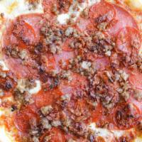New York Deli Style Pizza · Pizza sauce, mozzarella cheese, sliced pepperoni, salami, Italian sausage and bacon.