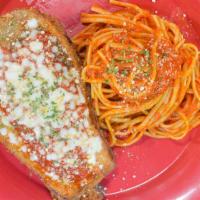 Eggplant Parmigiana Pasta · Homemade egg battered eggplant layered with marinara sauce and melted mozzarella served with...