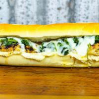 Chicken Florentine Sandwich · Grilled chicken, sauteed spinach, melted mozzarella, roasted garlic mayo and rustic long roll.