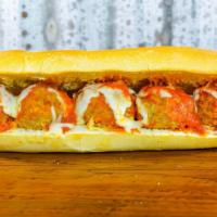 Meatball Parmigiana Sandwich · Homemade meatballs, tomato sauce and melted mozzarella on a rustic long roll.