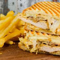 Grilled Chicken Panini · Homemade chicken cutlet, sauteed spinach, lemon mayo and provolone cheese on Italian bread p...