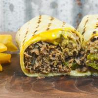 Cheese Steak Wrap · Marinated steak, grilled onions, green peppers and cheese whiz.