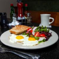 Egg Breakfast · 2 eggs any style, buttered toast, home fries or mixed green salad. Substitute fresh fruit sa...