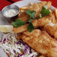 Fish and Chips · Fresh 10 oz. local caught cod filet, battered and fried, comes with french fries, coleslaw, ...