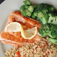 Brown Sugar Salmon · Fresh 8 oz. Norwegian salmon filet, brown sugar and spice crust. Served with choice of 2 sid...