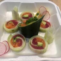 Oishi Roll-keto sushi roll · Inside: salmon, tuna , avocado wrapped soy paper (no rice, no seaweed). Sauce on the side