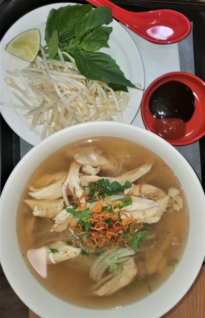 Pho Chicken (Organic chicken) · Vietnamese chicken noodle soup. Organic chicken, rice noodle and broth. Serve along side of bean sprouts, Thai basil, lime and hoisin sauce.