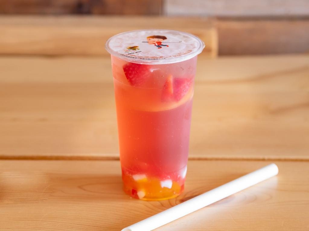 Strawberry Sakura Tea · Strawberry syrup and sakura green tea, very refreshing tea drink. This drink pairs well with rainbow jelly topping.