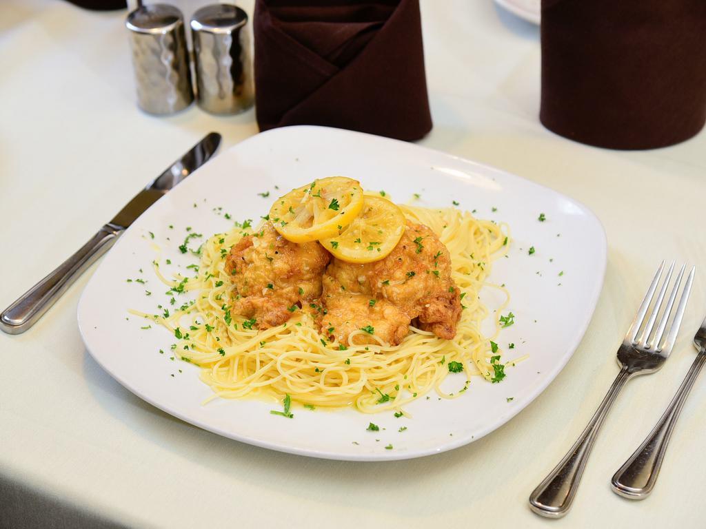 Chicken Francaise · Pan-fried Egg Battered Cutlets. Topped with a White Wine, Lemon, & Butter sauce. Served with pasta.