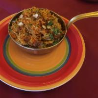 Vegetable Biryani- veg/vegan/gluten free · Mixed vegetables with green and red bell peppers and basmati rice pilaf garnished with caram...