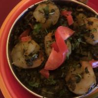 Shrimp Saag(gluten free) · Fresh shrimp cooked with fresh coriander and sauteed spinach.  Served with homemade chutney ...