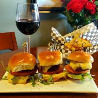 All American Sliders Entree · Angus Beef Sliders with Arugula, Tomato, Mozzarella, and Pesto Aioli. Served with Fries and ...