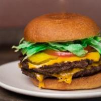 Doc's Double Down Cheeseburger · 2-1/4 lb patty, American cheese, secret sauce, tomato, lettuce, onion, pickles