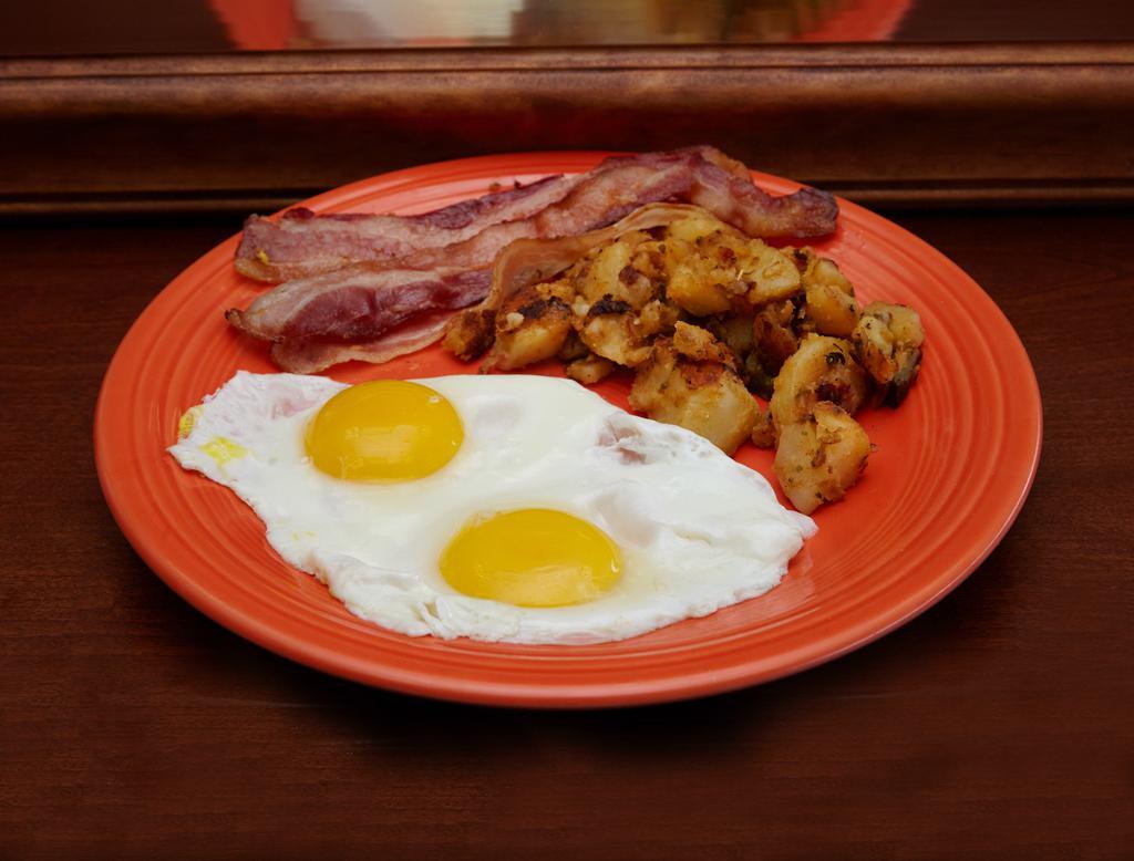 Two Eggs and Bacon Plate · Served with home fries and your choice of toast.